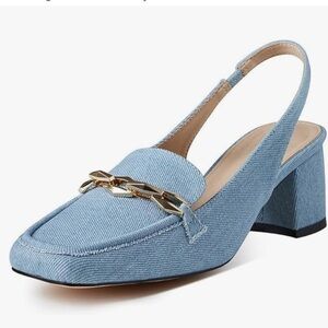 Denim and gold Slingback Square Toe Block Heel Shoes